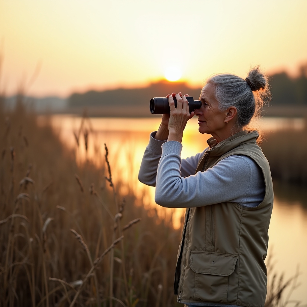 Partecipante al corso che osserva la natura con un binocolo durante un'uscita di birdwatching