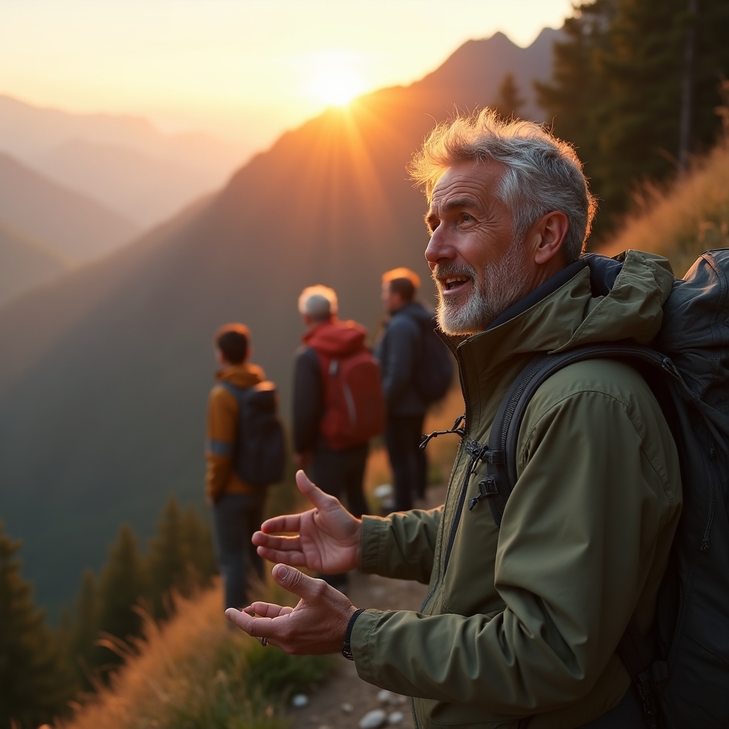 Guida ambientale volontaria in età pensionabile che accompagna un piccolo gruppo lungo un sentiero al tramonto